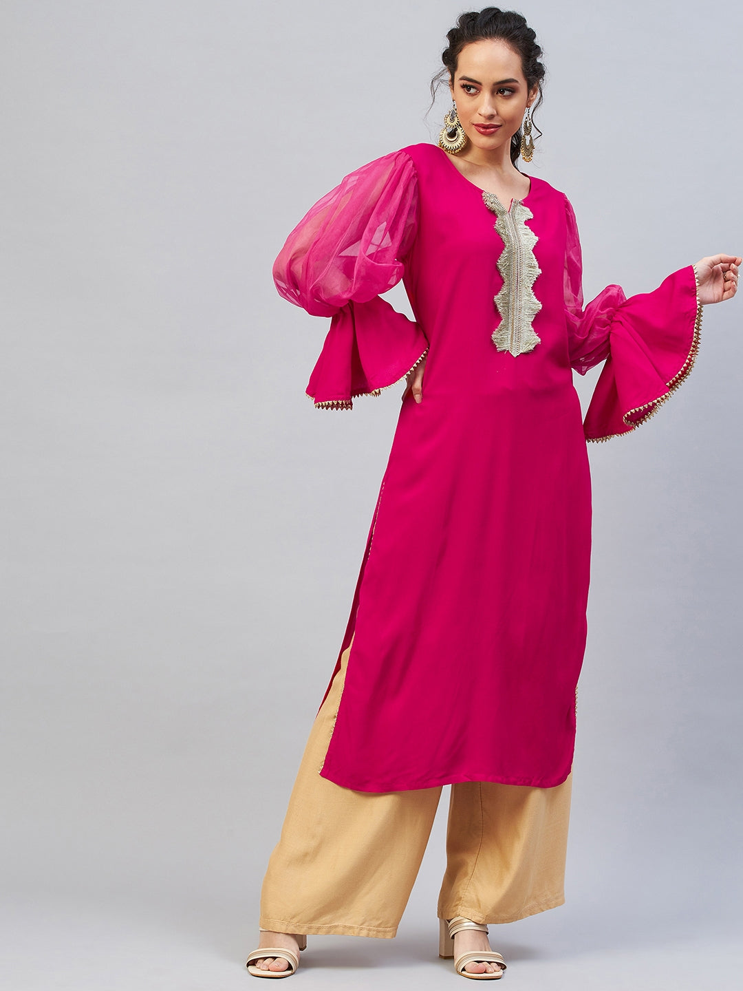 InWeave Women's Fuschia Organza Sleeve Gota Work Kurta - Distacart