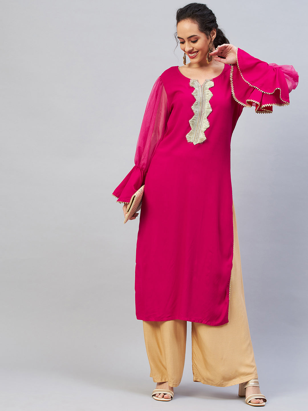 InWeave Women's Fuschia Organza Sleeve Gota Work Kurta - Distacart