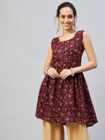 Thumbnail for InWeave Women's Burgundy Silver Gold Printed Kurta - Distacart