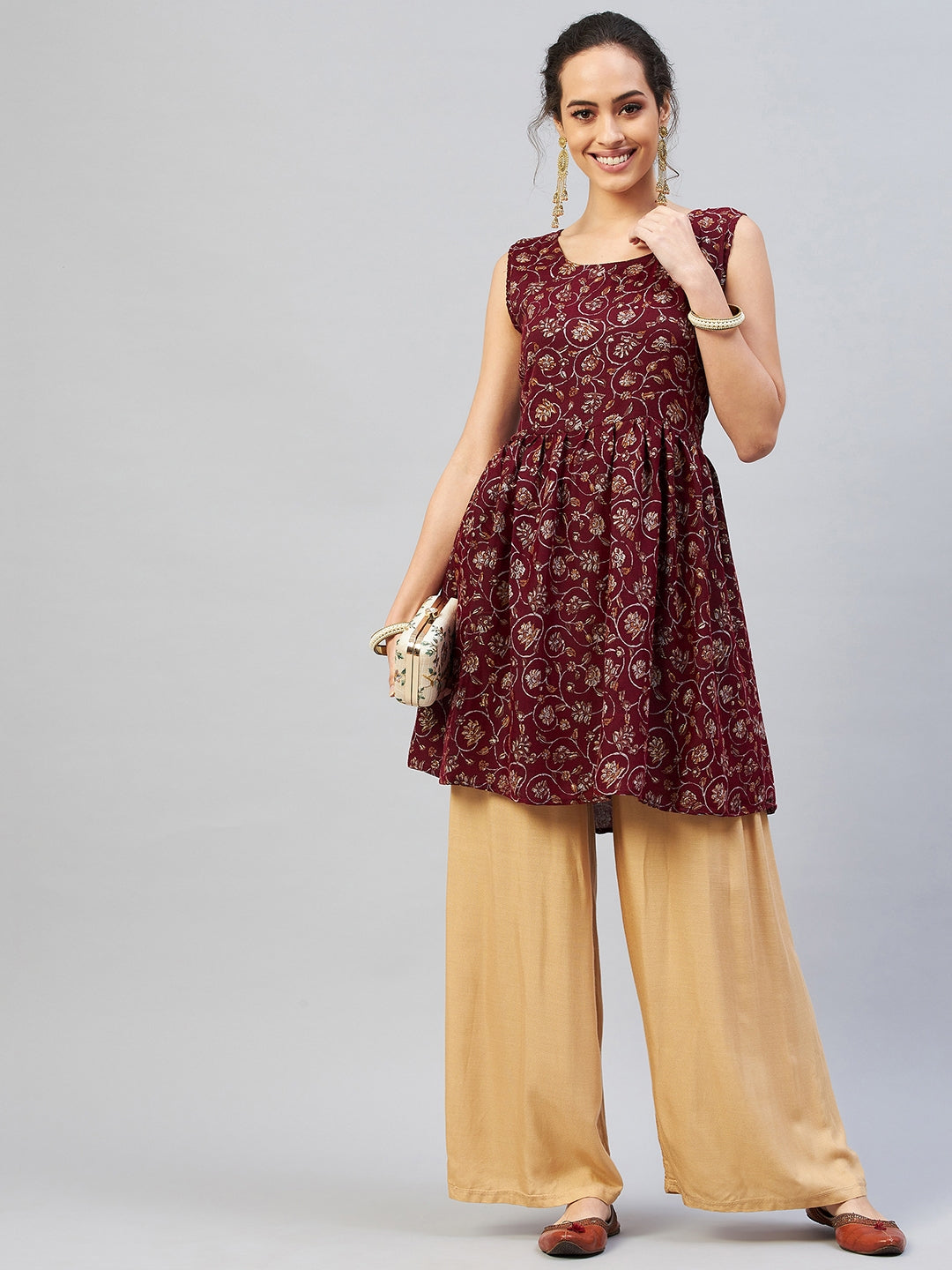 InWeave Women's Burgundy Silver Gold Printed Kurta - Distacart