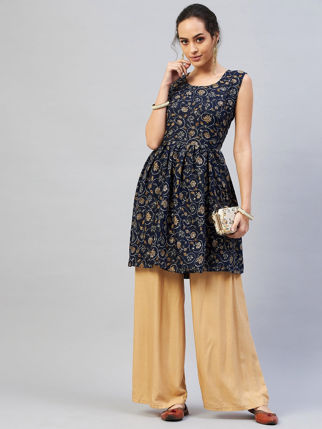 InWeave Women's Blue Silver Gold Printed Kurta - Distacart