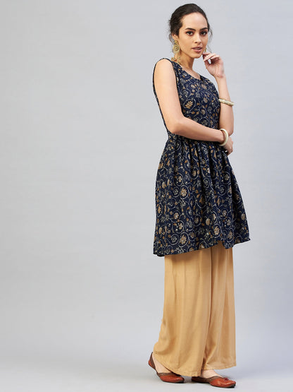 InWeave Women's Blue Silver Gold Printed Kurta - Distacart