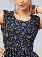Thumbnail for InWeave Women's Blue Silver Gold Printed Kurta - Distacart