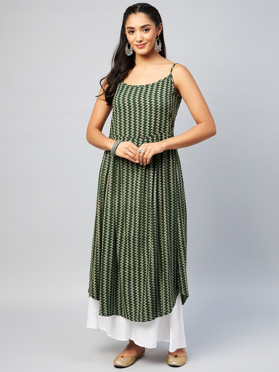 InWeave Women's Green Zig Zag Print Strappy Kurta - Distacart