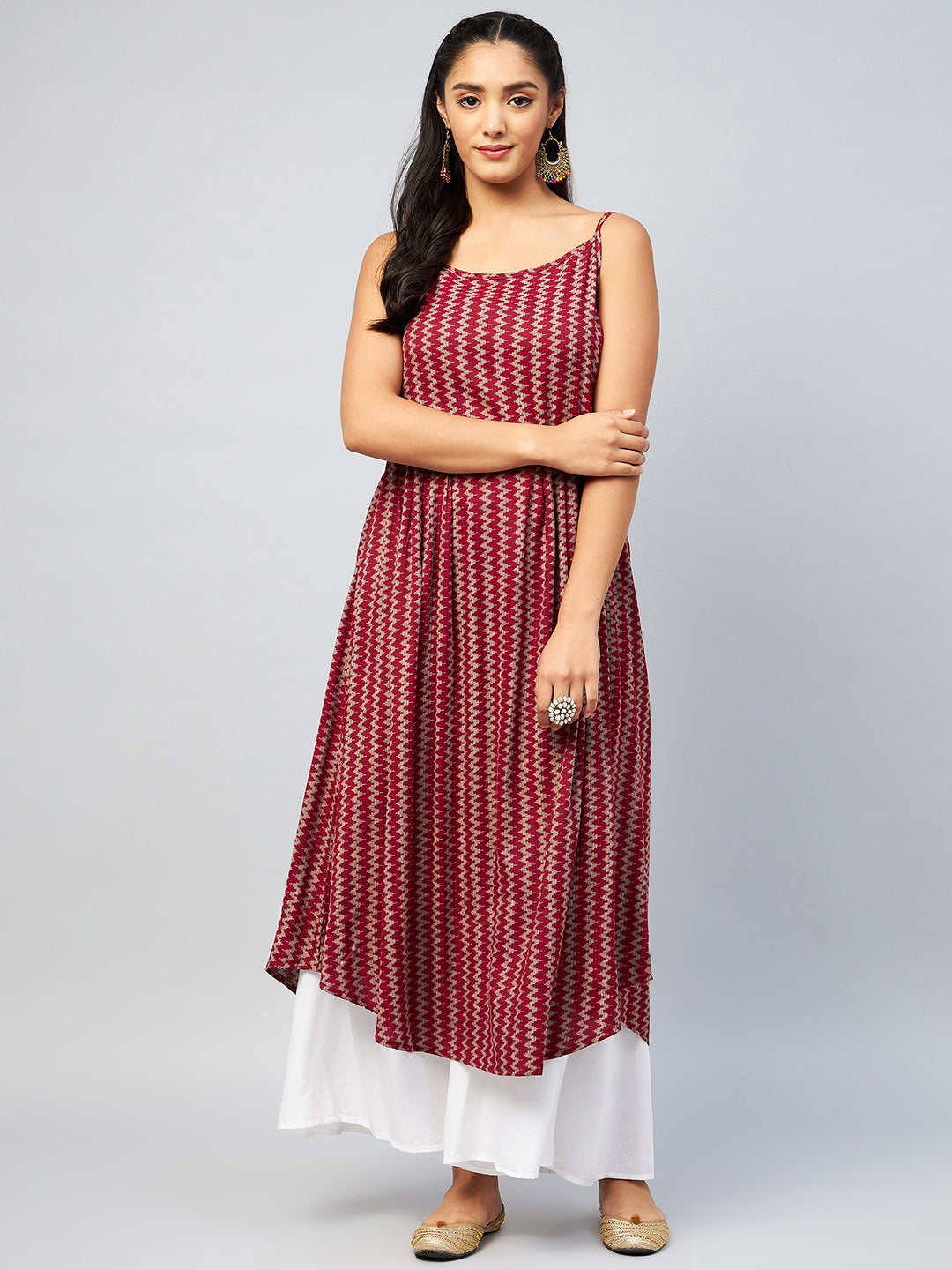 InWeave Women's Maroon Zig Zag Print Strappy Kurta - Distacart