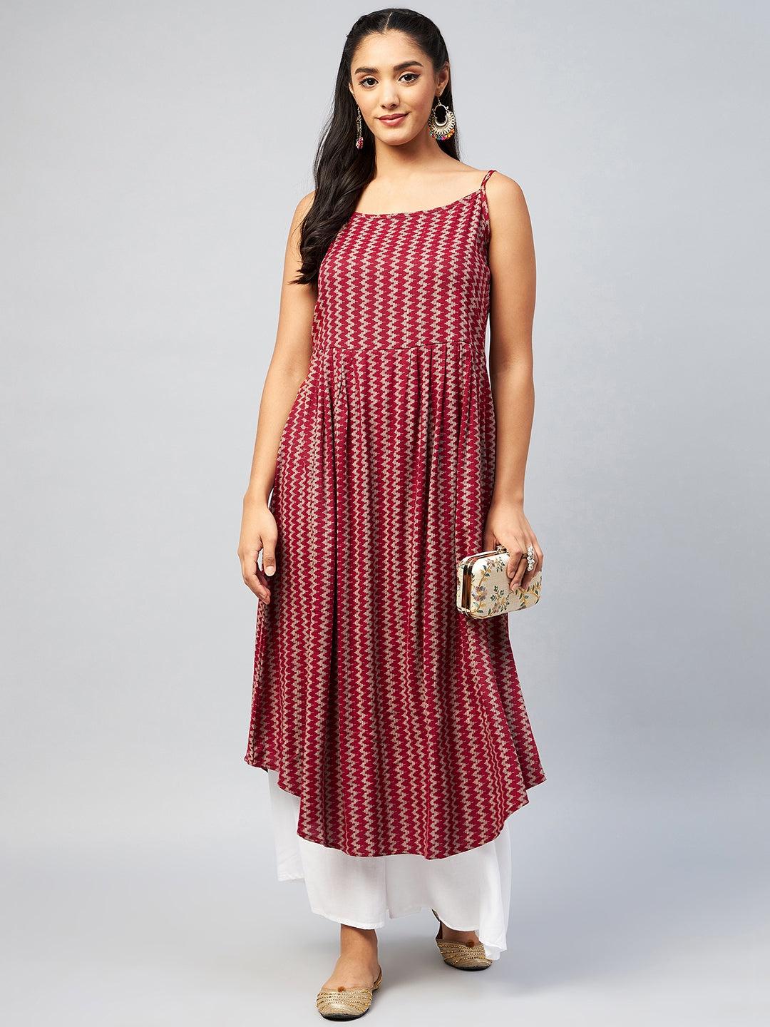 InWeave Women's Maroon Zig Zag Print Strappy Kurta - Distacart