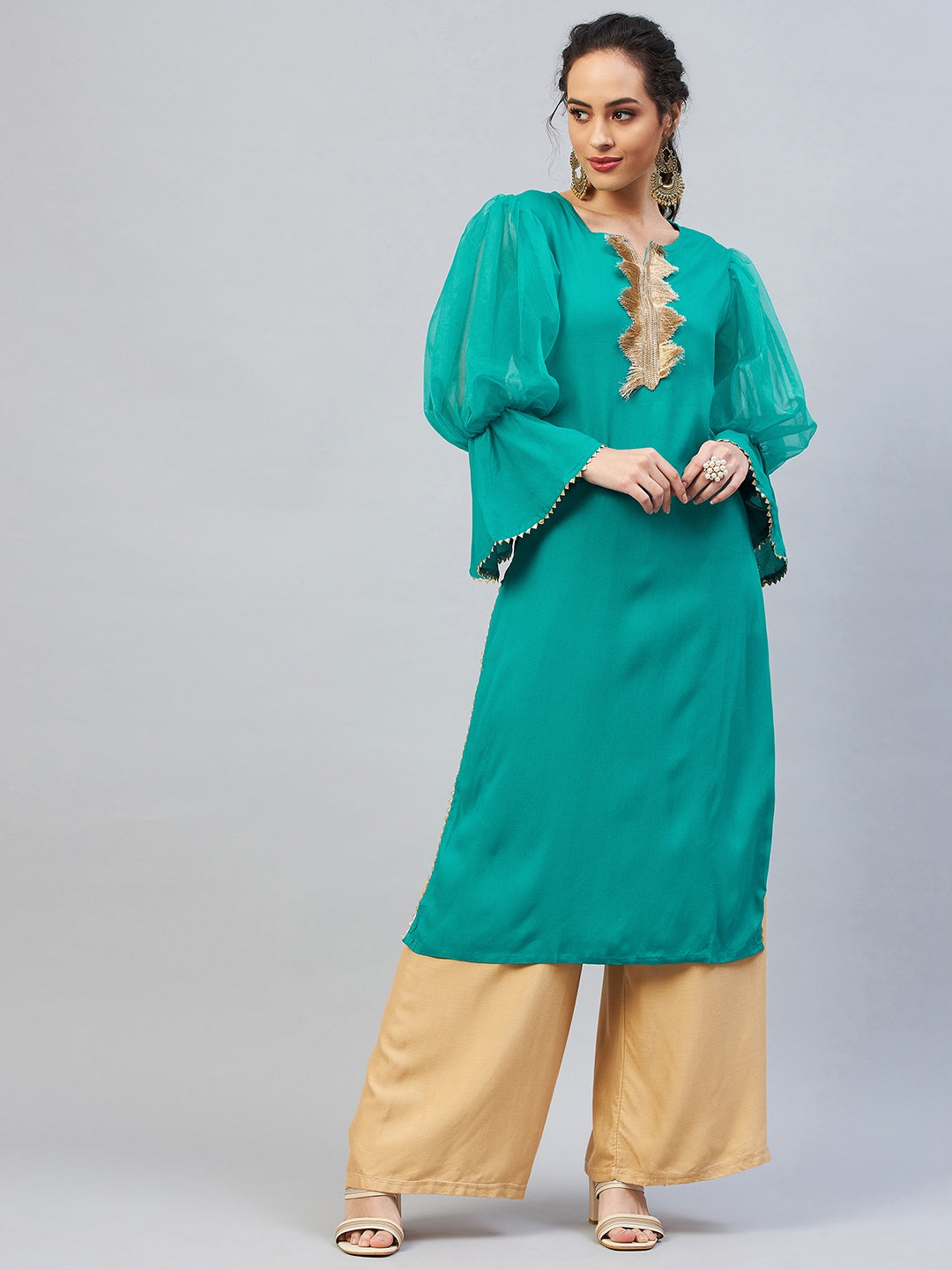 InWeave Women's Aqua Blue Organza Sleeve Gota Work Kurta - Distacart