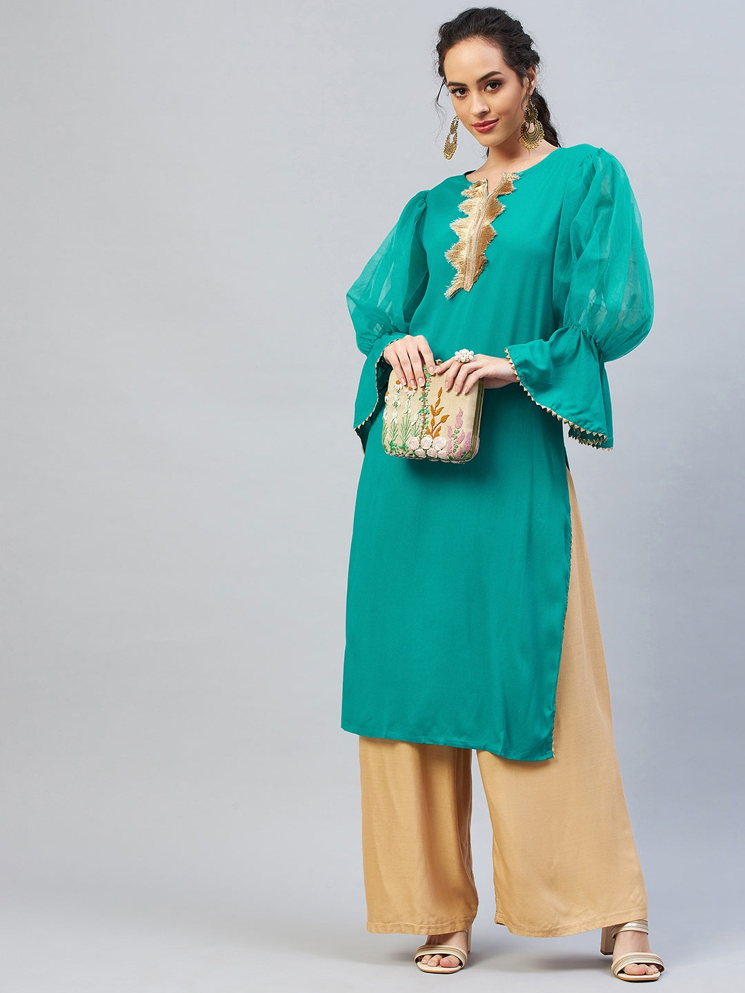 InWeave Women's Aqua Blue Organza Sleeve Gota Work Kurta - Distacart