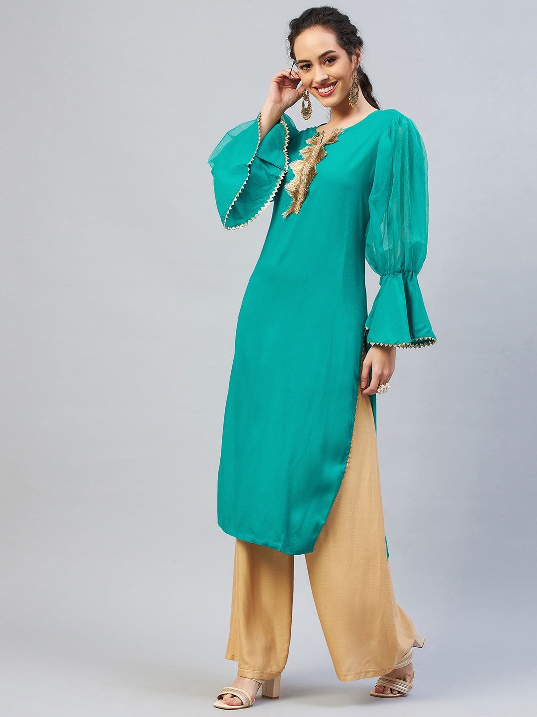 InWeave Women's Aqua Blue Organza Sleeve Gota Work Kurta - Distacart