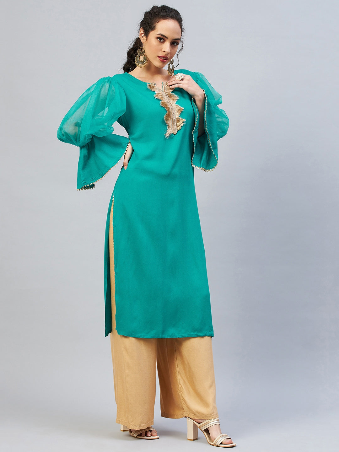 InWeave Women's Aqua Blue Organza Sleeve Gota Work Kurta - Distacart