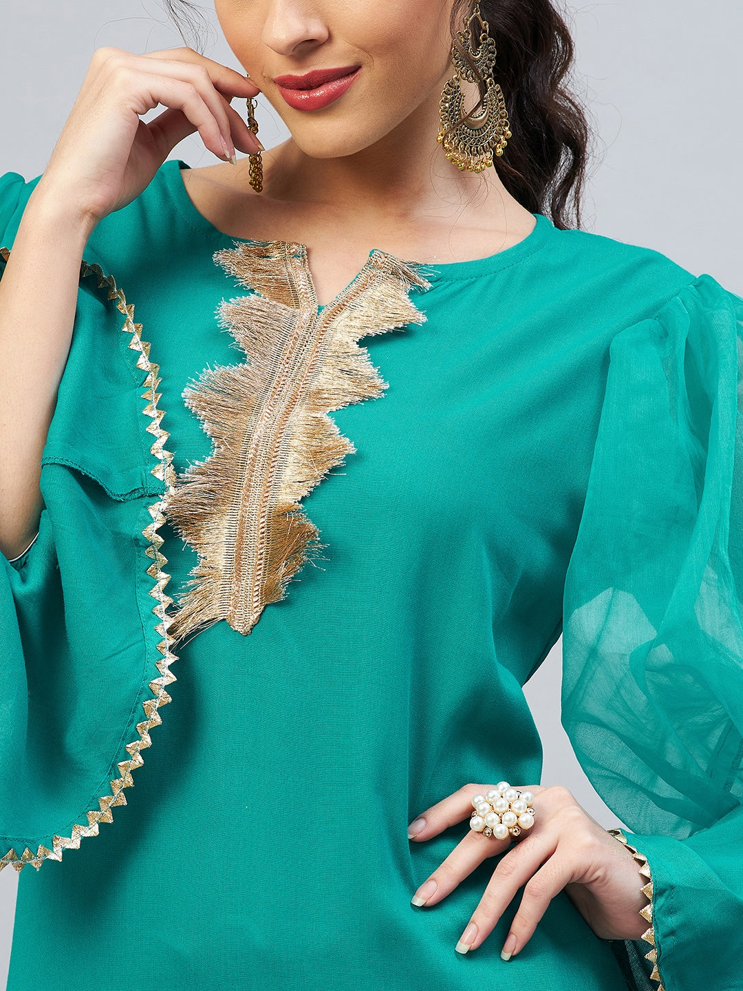 InWeave Women's Aqua Blue Organza Sleeve Gota Work Kurta - Distacart