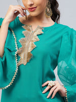 Thumbnail for InWeave Women's Aqua Blue Organza Sleeve Gota Work Kurta - Distacart