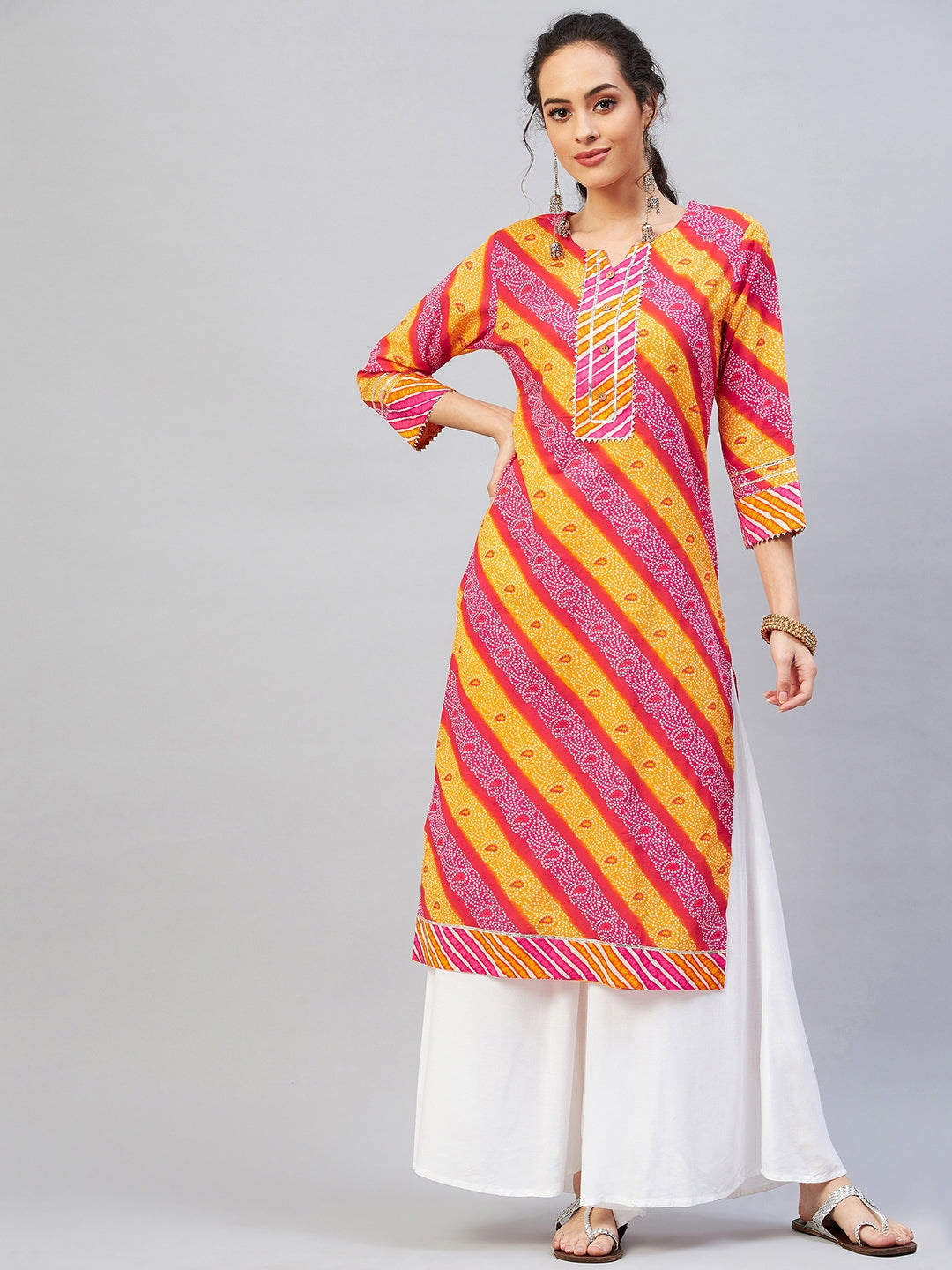 InWeave Women's Pink Mustard Lehriya Straight Kurta - Distacart