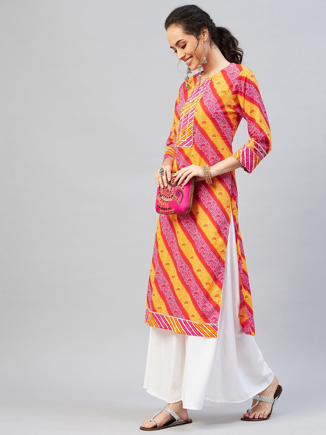 InWeave Women's Pink Mustard Lehriya Straight Kurta - Distacart