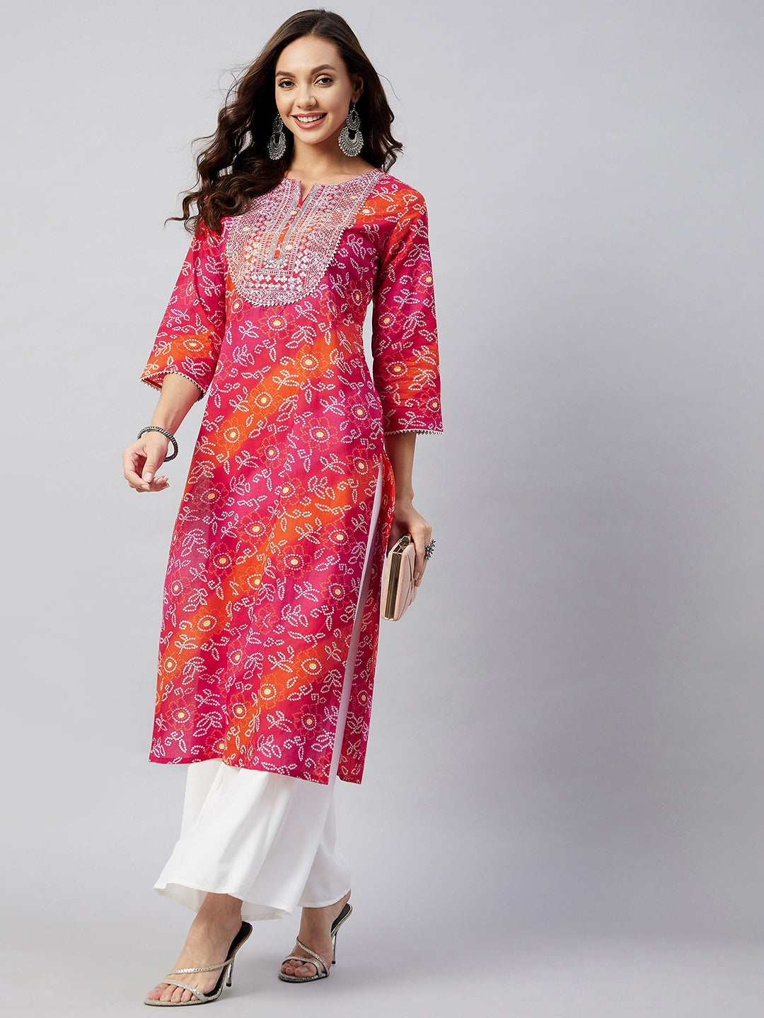 InWeave Women's Pink Orange Shaded Work Straight Kurta - Distacart