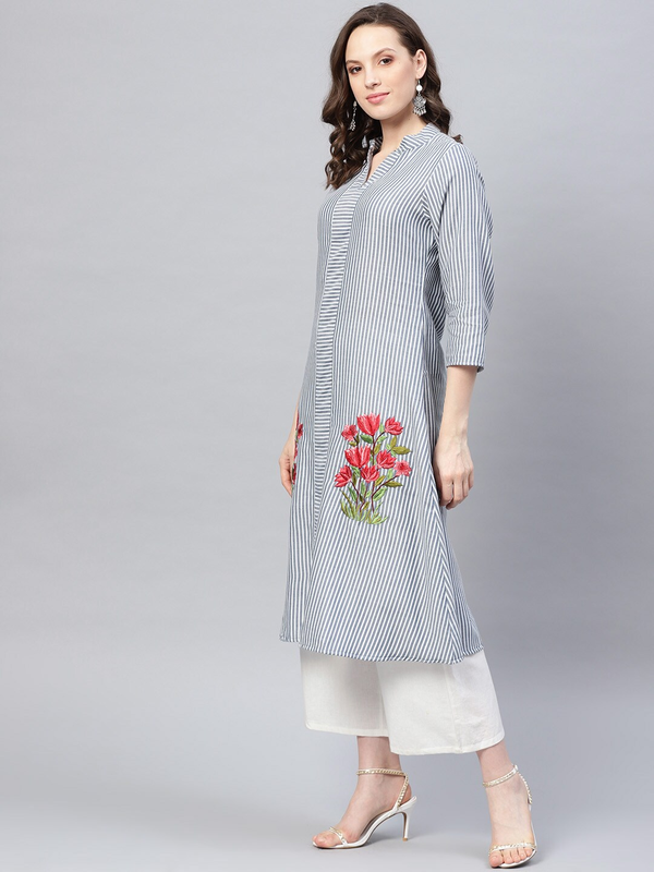 Inddus Blue & White Striped A-Line Kurta