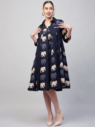 InWeave Women's Blue Elephant Print Flared Dress - Distacart