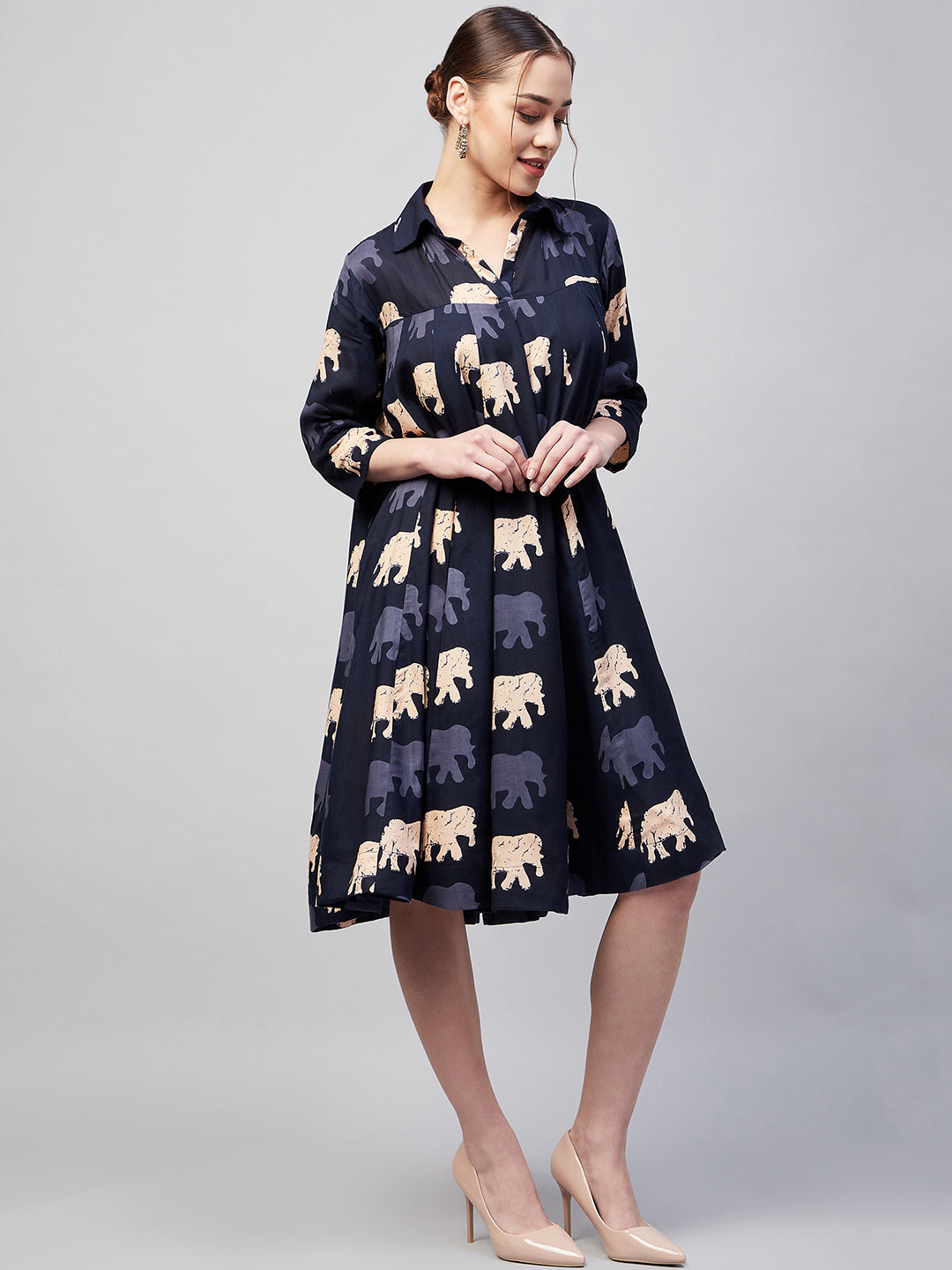 InWeave Women's Blue Elephant Print Flared Dress - Distacart