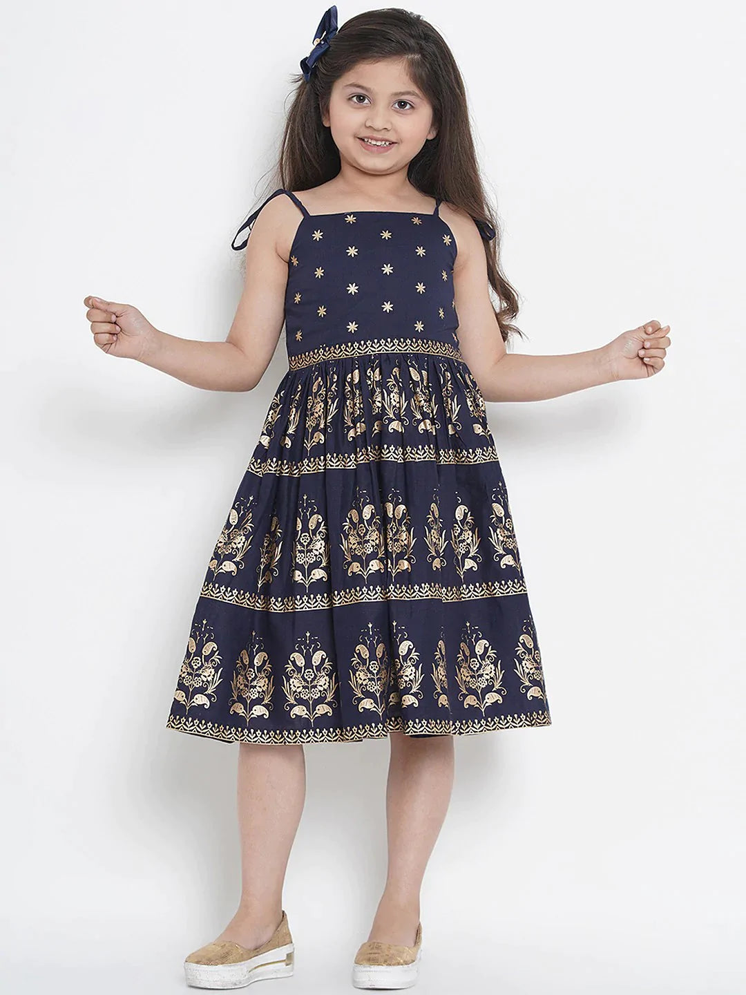 NOZ2TOZ Navy Blue Printed Fit And Flare Dress For Girls - Distacart