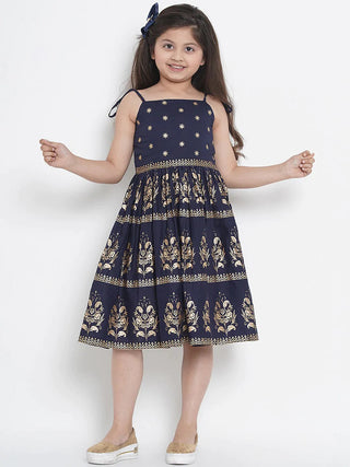 NOZ2TOZ Navy Blue Printed Fit And Flare Dress For Girls - Distacart