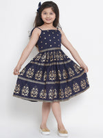 Thumbnail for NOZ2TOZ Navy Blue Printed Fit And Flare Dress For Girls - Distacart