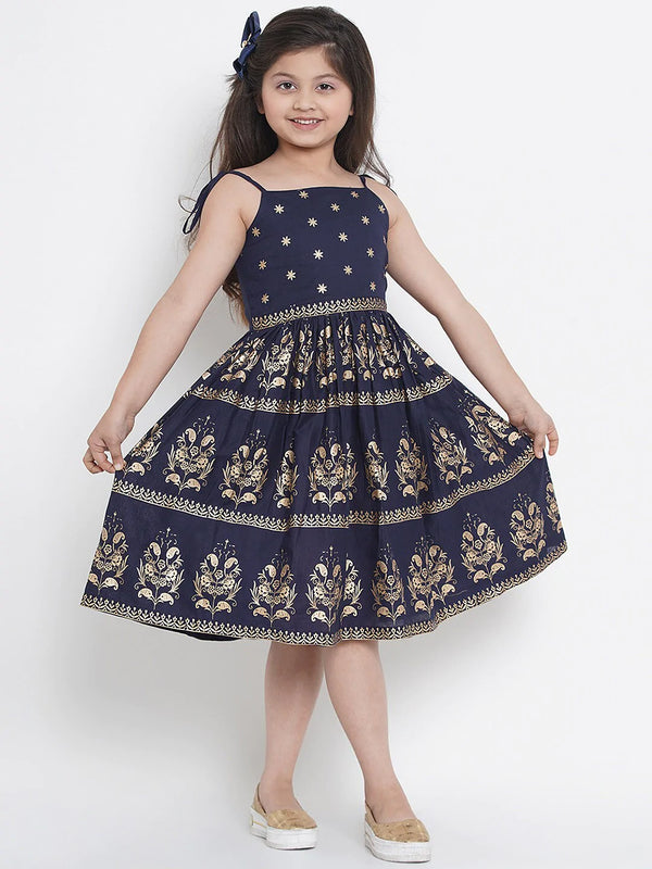 NOZ2TOZ Navy Blue Printed Fit And Flare Dress For Girls - Distacart