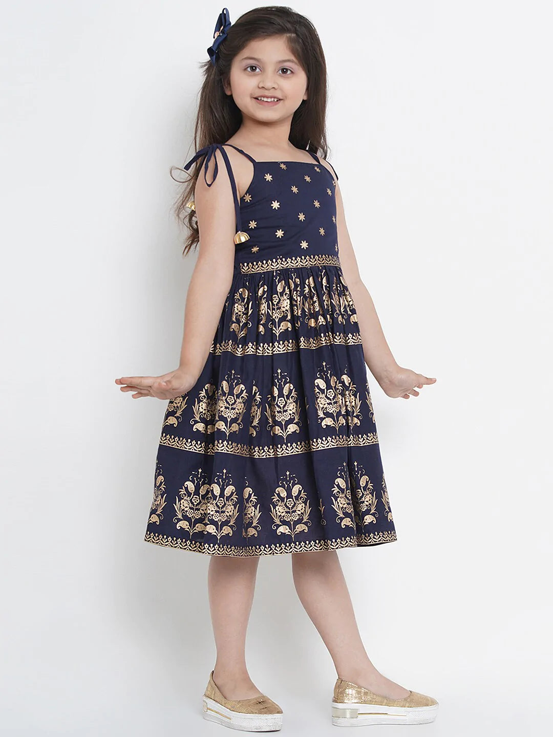 NOZ2TOZ Navy Blue Printed Fit And Flare Dress For Girls - Distacart