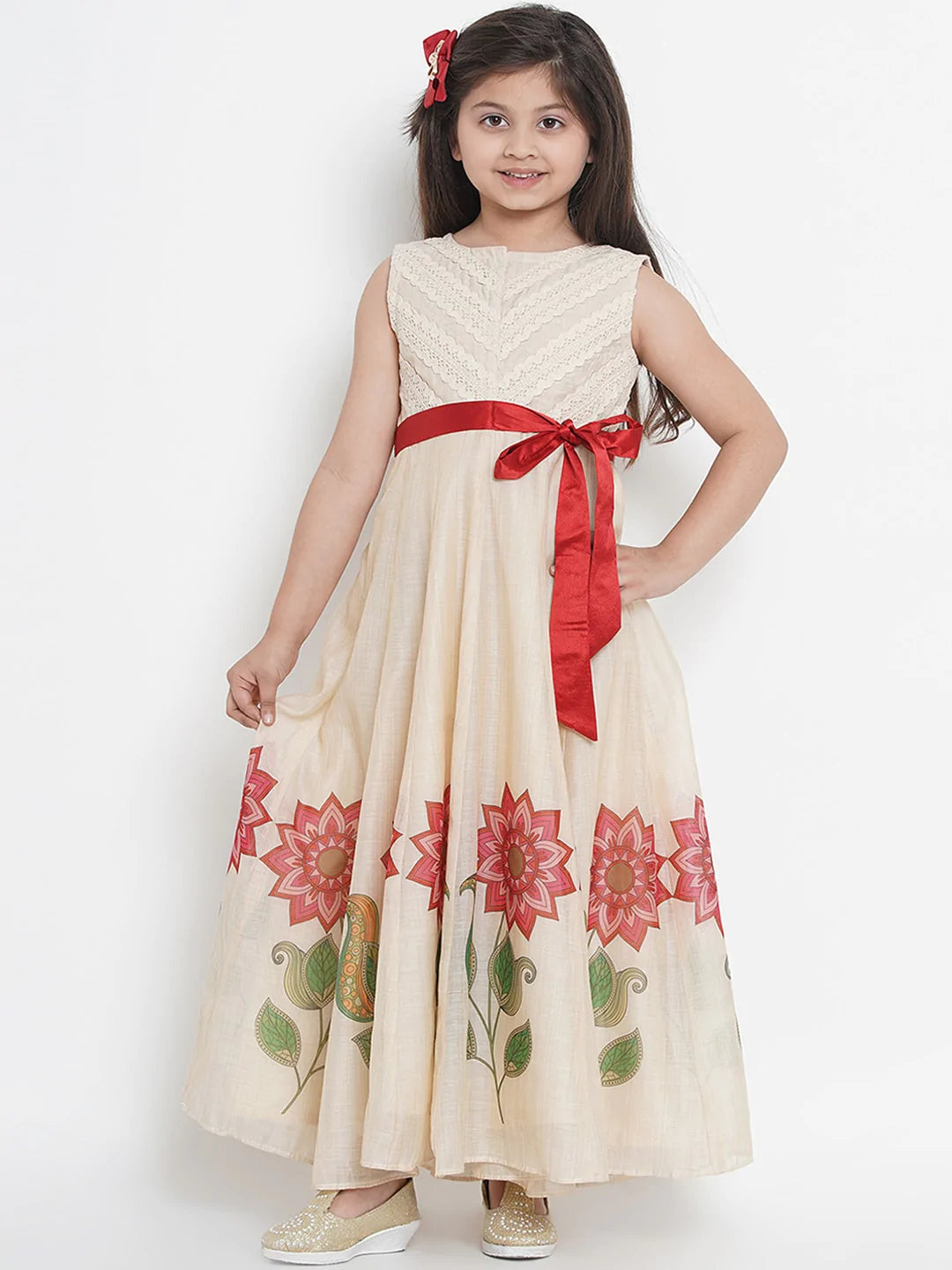 NOZ2TOZ Beige Printed Maxi Dress For Girls - Distacart