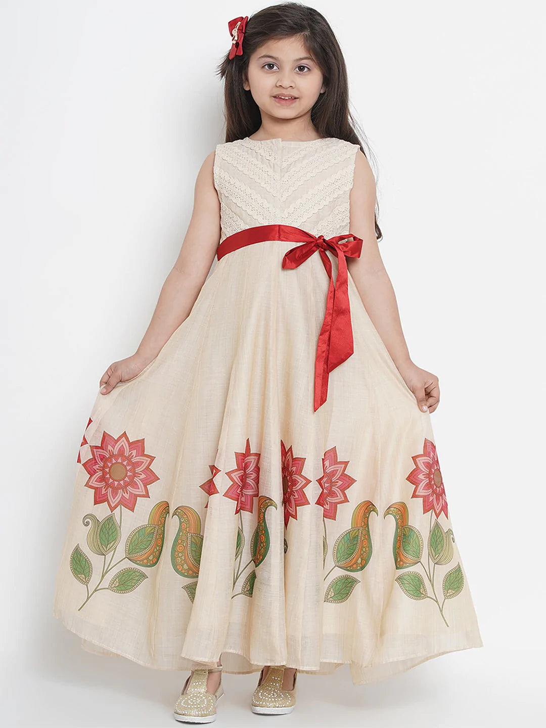 NOZ2TOZ Beige Printed Maxi Dress For Girls - Distacart