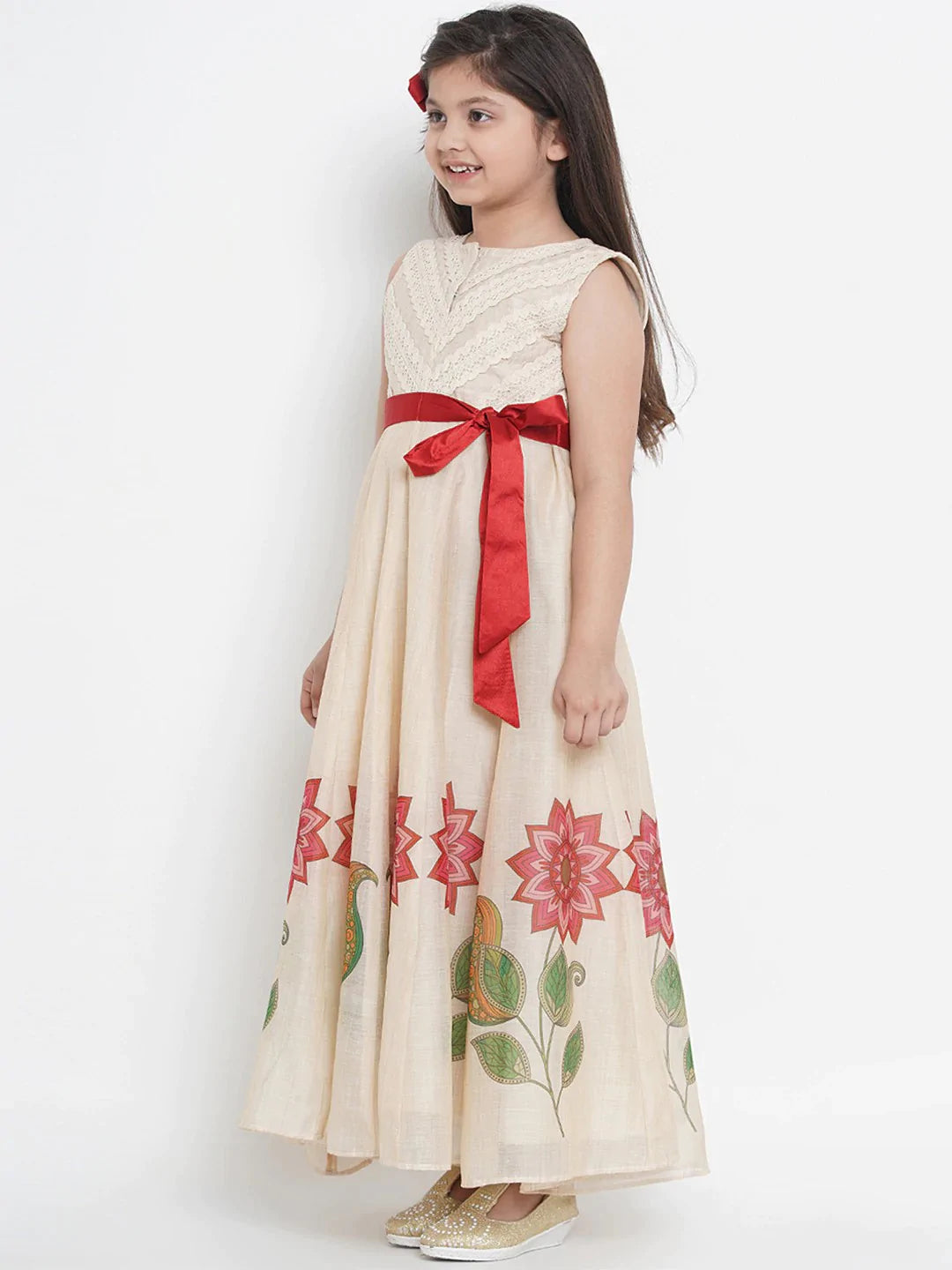 NOZ2TOZ Beige Printed Maxi Dress For Girls - Distacart