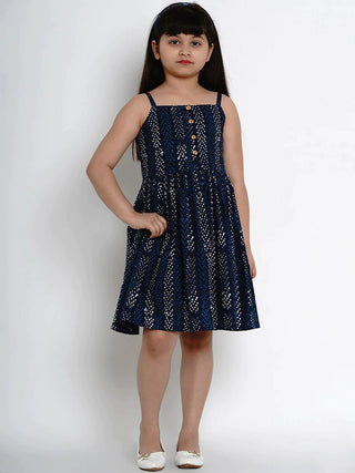 NOZ2TOZ Navy Blue Printed Fit And Flare Dress For Girls - Distacart