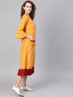Thumbnail for Wahe-NOOR Women's Yellow & Maroon Ikat Print A-Line Dress - Distacart