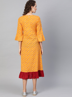 Thumbnail for Wahe-NOOR Women's Yellow & Maroon Ikat Print A-Line Dress - Distacart