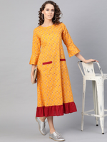 Thumbnail for Wahe-NOOR Women's Yellow & Maroon Ikat Print A-Line Dress - Distacart