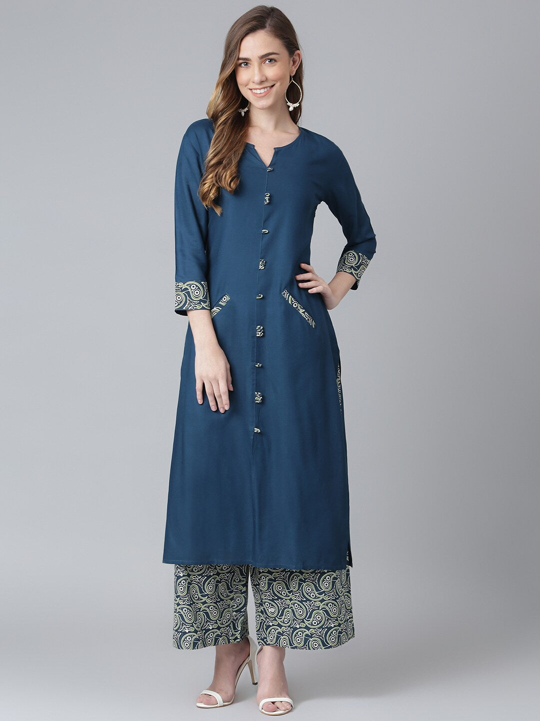 Khushal K Women Teal Blue Printed Kurta with Palazzos - Distacart