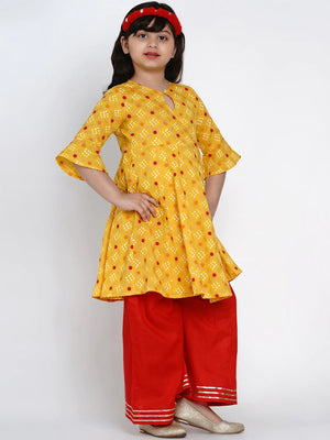 NOZ2TOZ Yellow & Red Printed Kurta & Palazzo Set For Girls - Distacart
