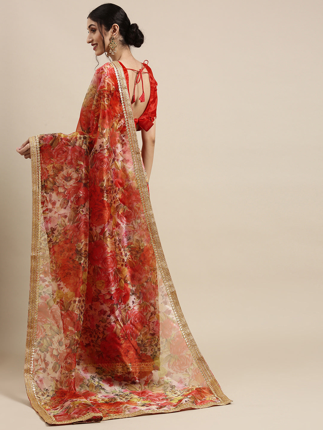 Tikhi Imli Red Floral Organza Saree - Distacart