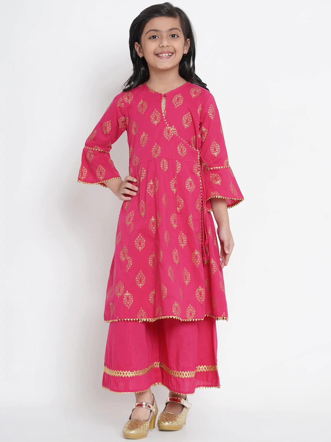 NOZ2TOZ Fuchsia Pink & Gold Printed Kurta & Palazzo Set For Girls - Distacart