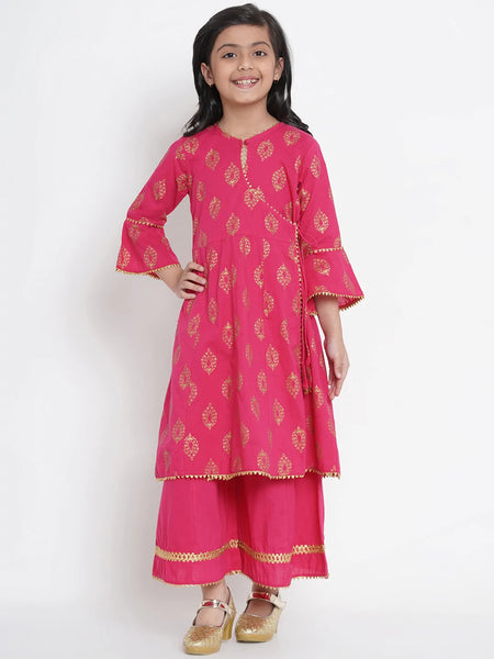 NOZ2TOZ Fuchsia Pink & Gold Printed Kurta & Palazzo Set For Girls - Distacart