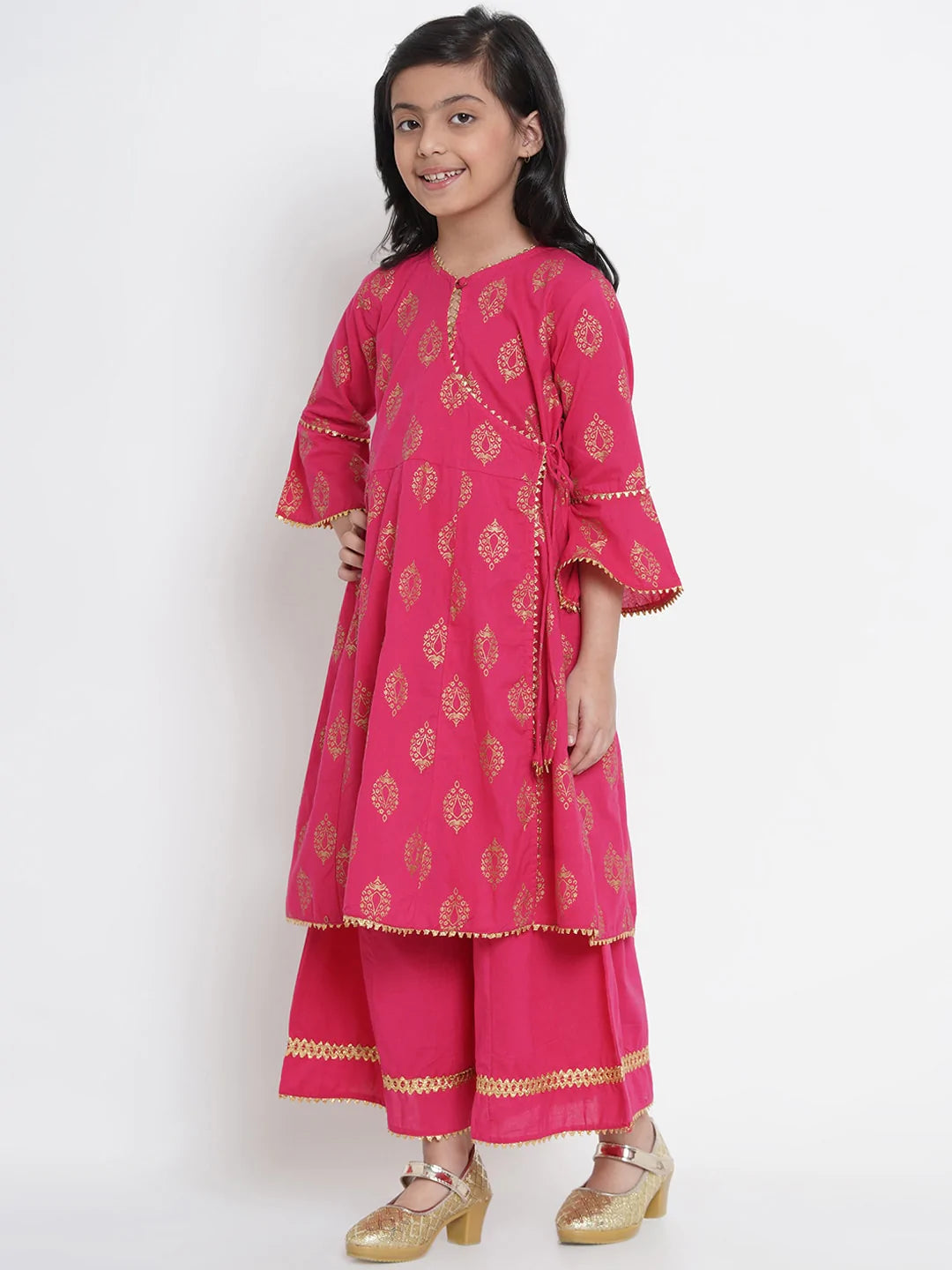 NOZ2TOZ Fuchsia Pink & Gold Printed Kurta & Palazzo Set For Girls - Distacart