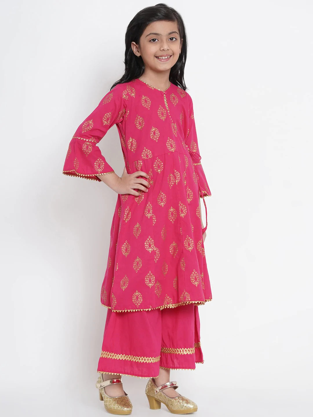 NOZ2TOZ Fuchsia Pink & Gold Printed Kurta & Palazzo Set For Girls - Distacart