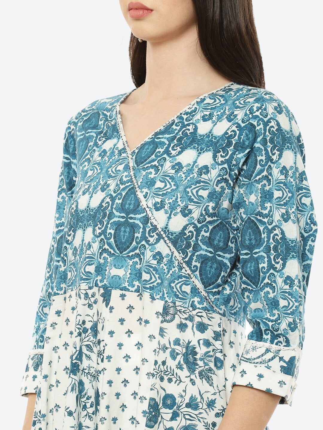 Biba Women Blue Floral Printed Empire Pure Cotton Kurta with Trousers & Dupatta - Distacart