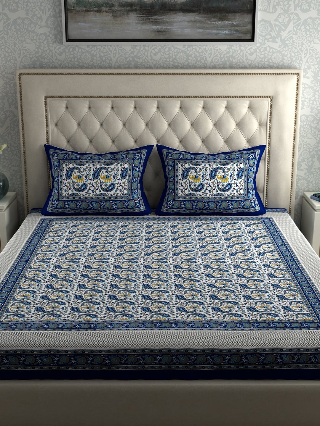 LA VERNE Blue & White Printed 104 TC Queen Bedsheet with 2 Pillow Covers - Distacart