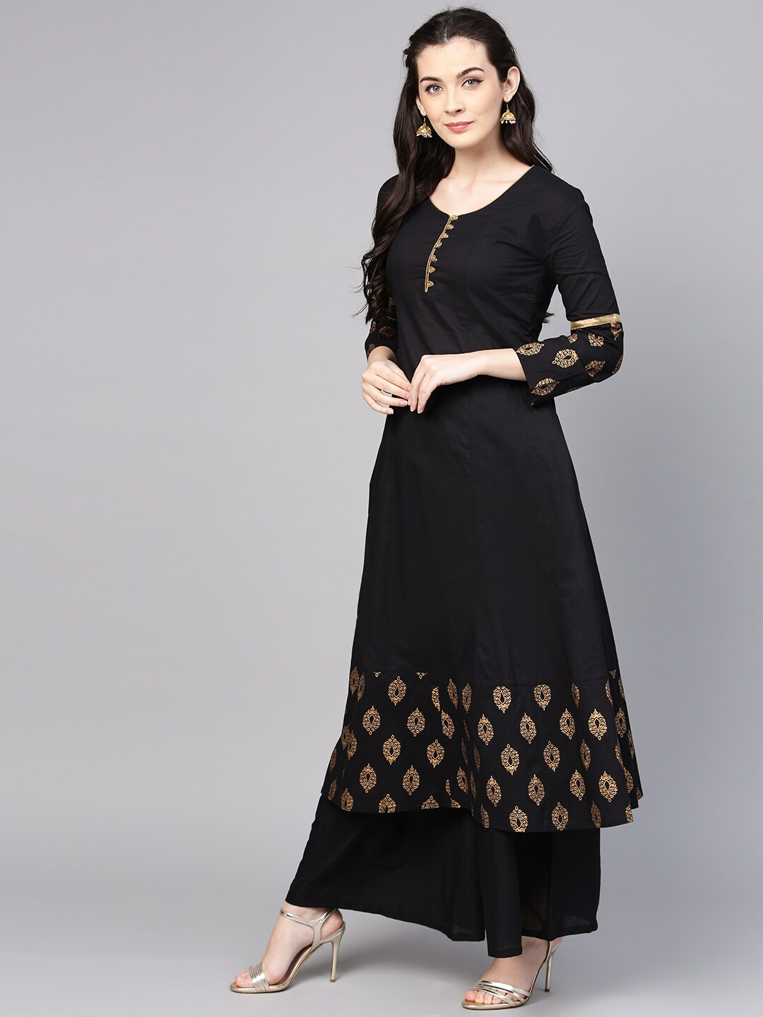 Wahe-NOOR Women's Black & Golden Solid Kurta With Palazzos - Distacart