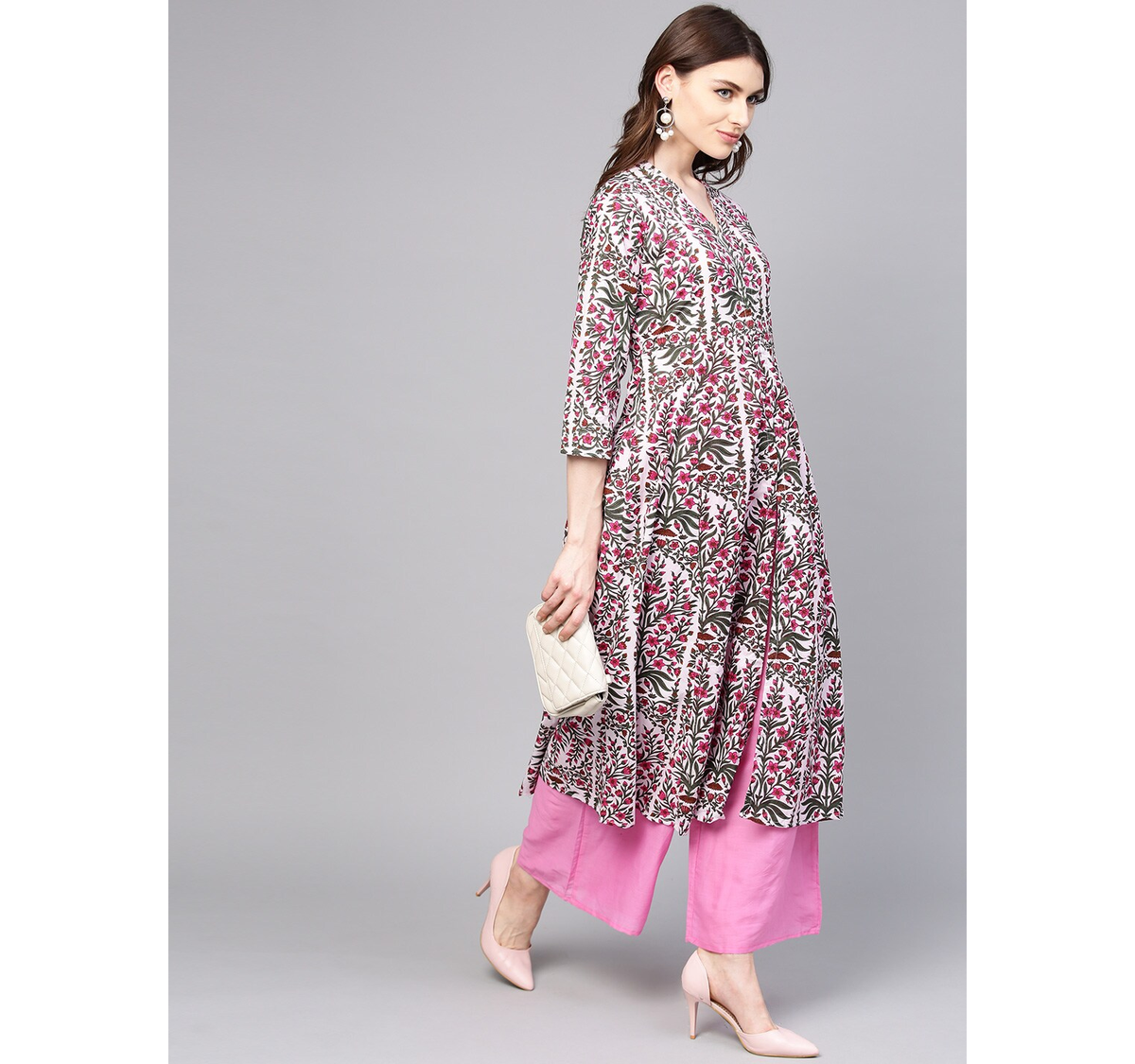 Wahe-NOOR Women's Pink & Green Printed Kurta With Palazzos - Distacart