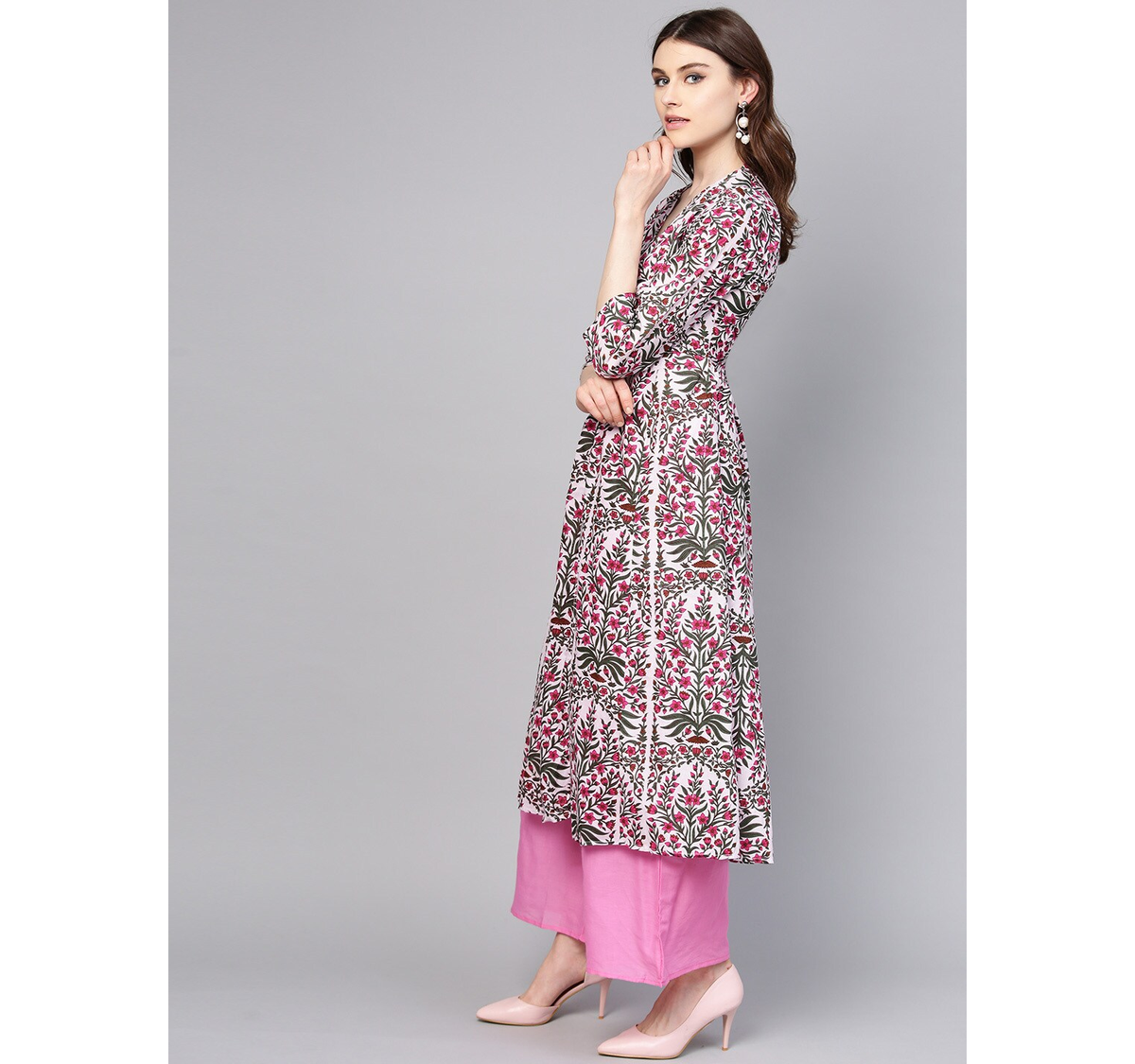 Wahe-NOOR Women's Pink & Green Printed Kurta With Palazzos - Distacart