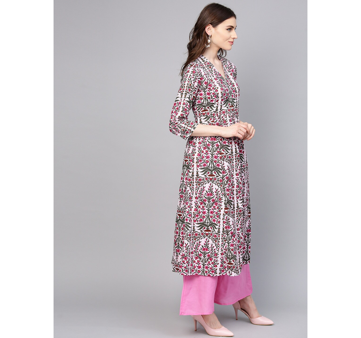 Wahe-NOOR Women's Pink & Green Printed Kurta With Palazzos - Distacart