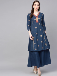 Thumbnail for Wahe-NOOR Women's Teal Blue & Golden Printed A-Line Kurta With Palazzos - Distacart