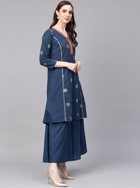 Thumbnail for Wahe-NOOR Women's Teal Blue & Golden Printed A-Line Kurta With Palazzos - Distacart
