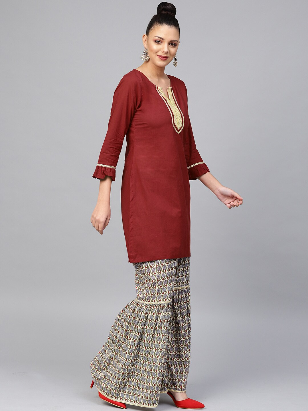 Wahe-NOOR Women's Maroon & Beige Solid Kurta With Sharara - Distacart